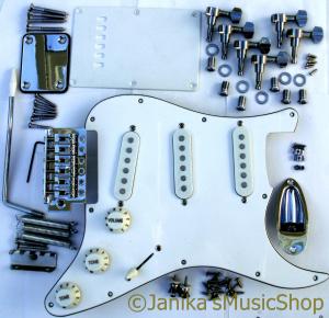 STRATOCASTER GUITAR METAL AND WHITE PLASTIC FULL PARTS KIT